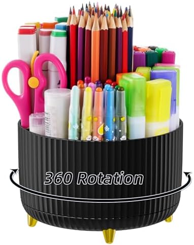 Marbrasse Desk Organizer, 360-Degree Rotating Pen Holder, Desk Organizers and Accessories with 5 Compartments Pencil Holder, Art Supply Storage Box Caddy for Office, Home (Black) by Marbrasse
