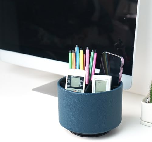 Round Leather Art Supply Organizer,Remote Control Holder,360 Degree Spinning,Multi-Functional Pencil Holder,4 Compartments Desktop Stationary Organizer(1-Lichee Green) - Image 7