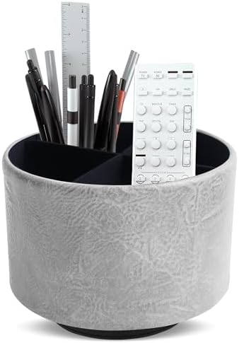 Round Leather Art Supply Organizer,Remote Control Holder,360 Degree Spinning,Multi-Functional Pencil Holder,4 Compartments Desktop Stationary Organizer(1-Crazy Blue) by Hennaja