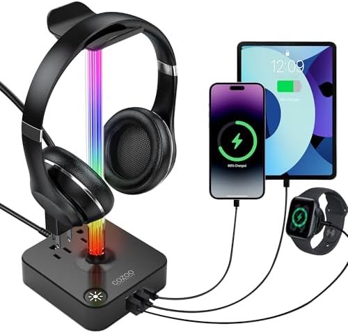 Headphone Stand with Charger, USB C, Gifts for Gamers Men, Black Pro by COZOO