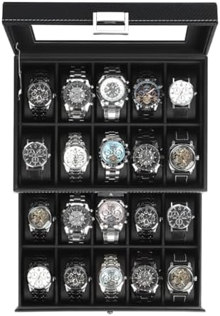 Mens Watch Box Jewelry Organizer, 2-Layer 20-Slot Watch Case -Black by KUKIKAN