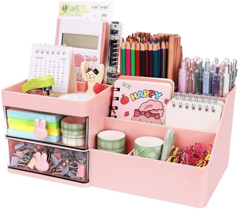 Desk Organizer, Makeup Organizer with 2 Drawers, 7 Compartment & a Top Tray, Desktop Organizers and Storage for Women, Cute Home organization Bathroom, 11" x 5.7" x 4.7" (Pink) by Meiikun