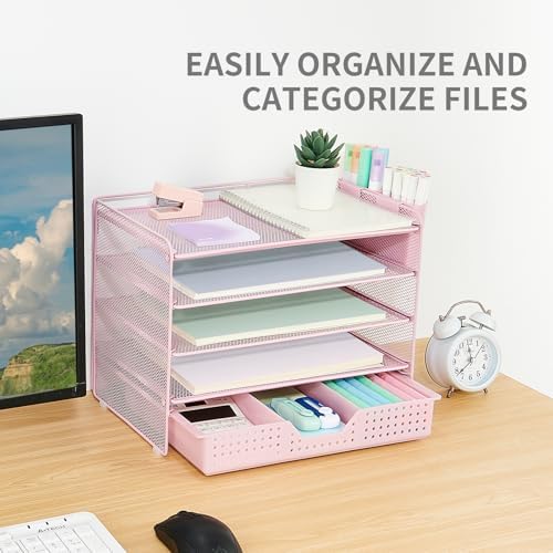 Desk Organizers and Accessories, 5-Tier Paper Letter Tray Organizer with Drawer & 2 Pen Holders, Desktop Organizer for Office Supplies (Pink) - Image 5