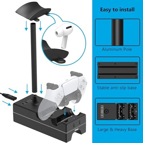 PS5 Controller Charger with USB Charging Port and AC Outlet, RGB DualSense Charging Station Dock for Playstation 5 Controllers with Headphone Stand, PS5 Accessories - Image 6