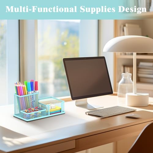 Mesh Pen Holder Desk Organizer, Office Supplies Pencil Storage with 3 Compartments, Office Desk Accessories and Workspace Organizers for Home School, Blue - Image 3