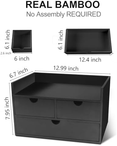 Bamboo Desk Organizer 3 Drawer with Shelf, Countertop Organizer with Drawers Makeup Storage Drawer 3 Drawers Tabletop Storage Organization Box Home Office Workspace（Black） - Image 2