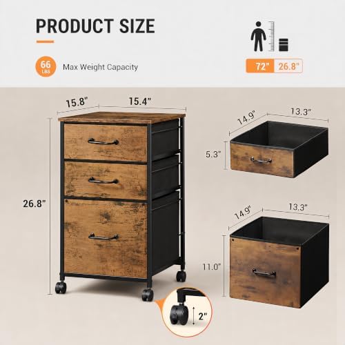 DEVAISE 3-Drawer Mobile File Cabinet, Rolling Printer Stand, Rustic Brown - Image 3