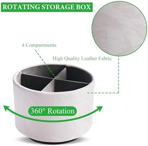Round Leather Art Supply Organizer,Remote Control Holder,360 Degree Spinning,Multi-Functional Pencil Holder,4 Compartments Desktop Stationary Organizer(1-Hill White) - Image 3