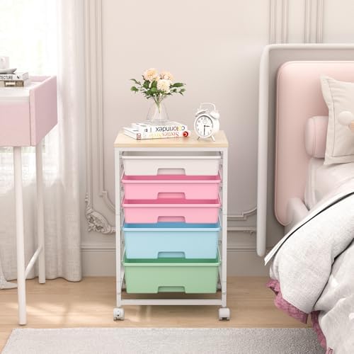 Utility Cart with 5 Drawers with Wooden Top, Rainbow - Image 2
