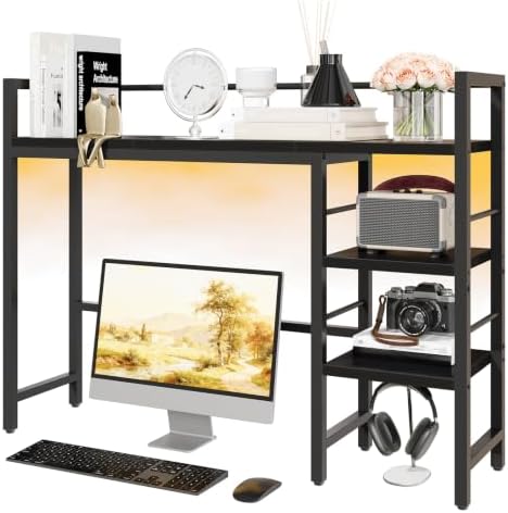 Desk Shelf with LED Light Strip, 3-Tier Storage Desktop Organizer Shelf, 38.6" Wood Desktop Bookshelf for Computer Monitor, Desk Hutch for Home Office Dorm, Black by HAVENLYYOUTH