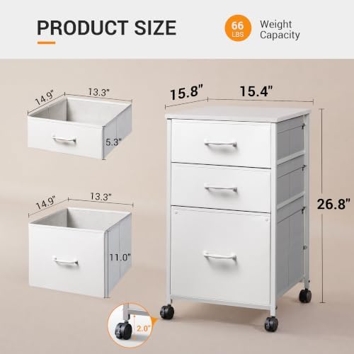 DEVAISE Mobile File Cabinet, Rolling Printer Stand with 3 Drawers, Fabric Vertical Filing Cabinet fits A4 or Letter Size for Home Office, White - Image 3