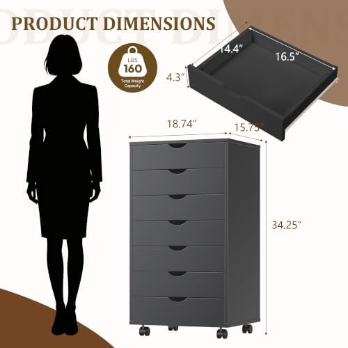 7 Drawer File Cabinet, Under Desk Storage Drawers with Wheels, Black - Image 3