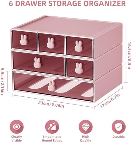 Marbrasse Desk Organizer with 6 Drawers, 3 Tier Stackable Storage Drawers Plastic Makeup Storage, Office Organizers and Storage, Desk Storage Box for Office, School, Home Pink - Image 2