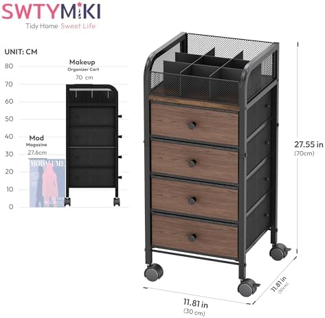 Rolling Makeup Organizer Cart - Under Desk Vanity Makeup Storage with 4 Non-woven Drawers, Nail Cart Organizer Cosmetic Display Cases Cabinet for Skin Care Perfume Nail Polish Brush Hair Tool - Image 2