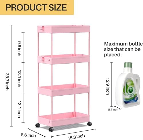 4 Tier Rolling Cart with Wheels, Storage Craft Art Trolley Organizer Serving, 3 Hanging Baskets Easy Assembly, for Office, Living Room, Kitchen - Image 3