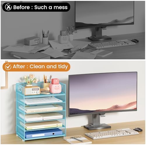 6-Tier Desk Paper Organizer, Desktop File Letter Tray with Handle, Document Sorter and Accessories Holder for Office, Home and School Workspace Organizers, Blue-2 Pack - Image 3