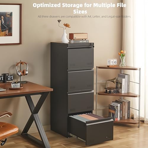 Metal File Cabinet with Lock, Vertical 4 Drawer File Cabinets for Home Office, Heavy Duty Office Storage Cabinet for A4/Letter/Legal Size, Assembly Required(Black) - Image 3