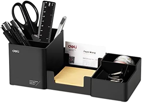 deli Desk Organizer, Plastic Desktop Organizer with Pencil Holder and Sticky Note Tray, Office Stationery Supplies Organizers Accessories Caddy, 6 Compartments, Black by delioffice