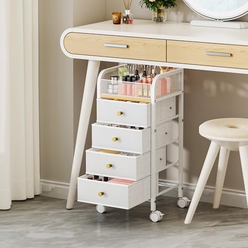 Rolling Makeup Organizer Cart - Under Desk Vanity Makeup Storage with 4 Non-woven Drawers, Nail Cart Organizer Cosmetic Display Cases Cabinet for Skin Care Perfume Nail Polish Brush Hair Tool - Image 4