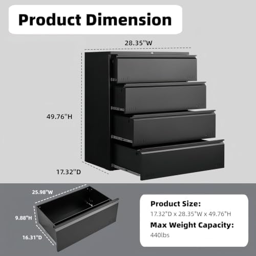 Metal File Cabinet with Lock, 4 Drawer Lateral File Cabinets for Home Office, Heavy Duty Office Storage Cabinet for A4/Letter/Legal Size, Assembly Required(Black) - Image 2
