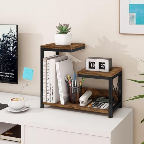 Desktop Shelf Organizer, 3 Tier Office Shelves, Wood Desk Organizers Storage Rack and Freestanding Display Shelf for Office, Dormitory, Home, Rustic Brown - Image 5