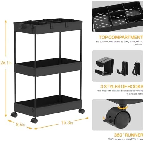 3 Tier Rolling Cart with Wheels, Storage Craft Art Trolley Organizer Serving, 3 Hanging Baskets Easy Assembly, for Office, Bathroom，Living Room, Kitchen, Black - Image 2