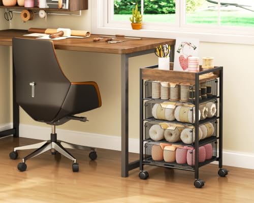 Rolling Cart with Drawers - Under Desk Storage Cart with Wheels, 4 Metal Drawers, Wood Top, Utility File Cart for Office Organization, Art, Craft, Classroom, Kitchen, Bedroom Espresso - Image 2