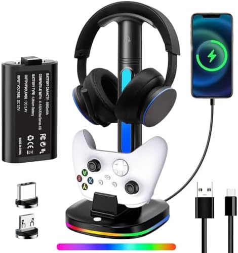 Xbox Headphone Stand with Controller Charger, RGB Xbox Controller Charging Station Headset Stand for Xbox Series X/S/One/One X/One S Charging, Equipped with 1 * 5180mWh Rechargeable Xbox Battery Pack by Unknown
