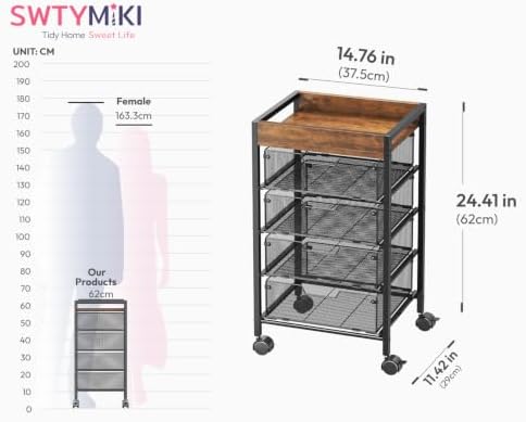Rolling Cart with Drawers - Under Desk Storage Cart with Wheels, 4 Metal Drawers, Wood Top, Utility File Cart for Office Organization, Art, Craft, Classroom, Kitchen, Bedroom Espresso - Image 3
