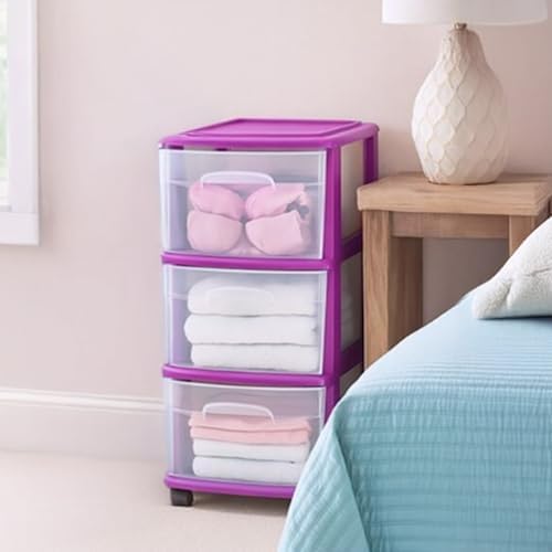 HOMZ Drawer Tower, 3-Tier Storage Cart with Removable Wheels, Purple Frame - Image 2