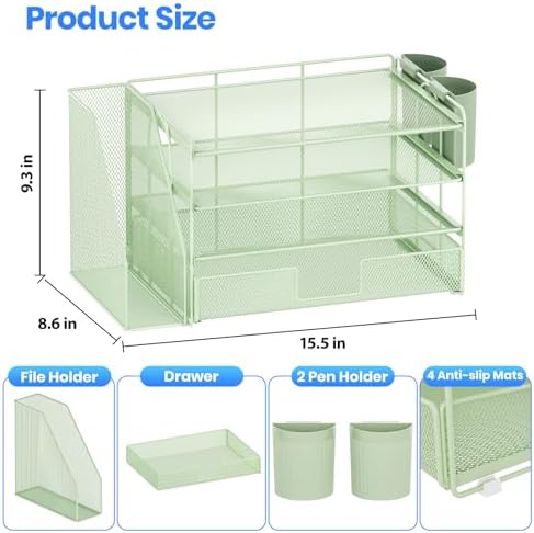 Desk Organizer, 4-Tier Desktop File Organizer with Drawer and Pen Holders, Office Desk Accessories, File Sorters, Workspace Organizers for Office Supplies(Green) - Image 2
