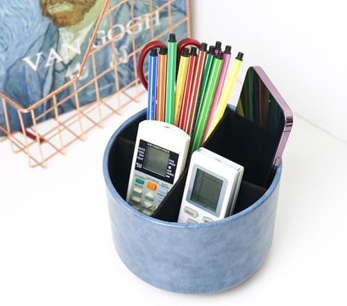 Round Leather Art Supply Organizer,Remote Control Holder,360 Degree Spinning,Multi-Functional Pencil Holder,4 Compartments Desktop Stationary Organizer(1-Oil Blue) - Image 6