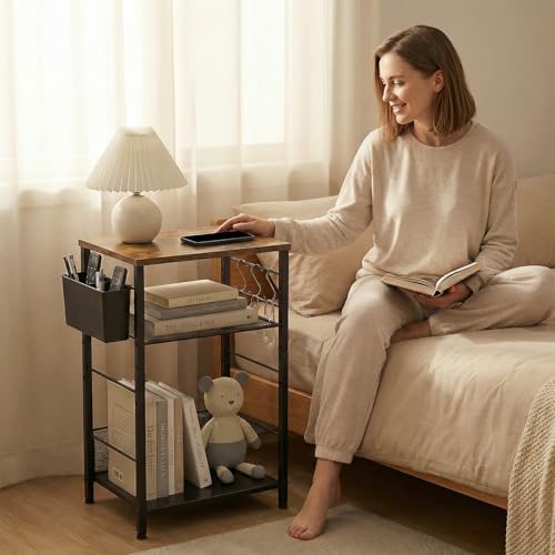 Small 3 Tier Printer Stand for Under Desk, Height Adjustable Shelf Printer Table with 3 S-Hooks & Basket, Heavy Duty Industrial Storage Shelf for Home Office (Rustic Brown) - Image 6