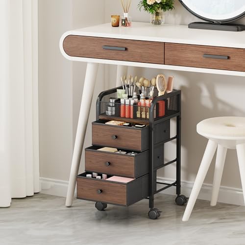 Rolling Makeup Organizer Cart - Under Desk Vanity Makeup Storage with 3 Non-woven Drawers, Nail Cart Organizer Cosmetic Display Cases Cabinet for Skin Care Perfume Nail Polish Brush Hair Tool - Image 5