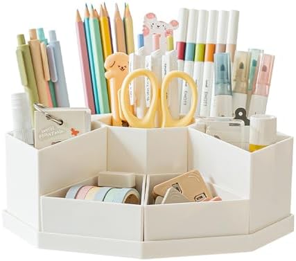 360 Degree Rotating Desk Organizer Caddy with 9 Compartments, Large Capacity Detachable Pencil Holder for Desk, Multifunctional Desktop Storage for Office, School, Home, Dressing Table, White by Chemlliy