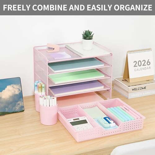 Desk Organizers and Accessories, 5-Tier Paper Letter Tray Organizer with Drawer & 2 Pen Holders, Desktop Organizer for Office Supplies (Pink) - Image 6