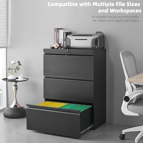Lateral 3 Drawer File Cabient with Lock, Metal Filing Cabinets for Home Office, Heavty Duty Office Storage Cabinet for A4/Letter/Legal (Matte Black) - Image 6