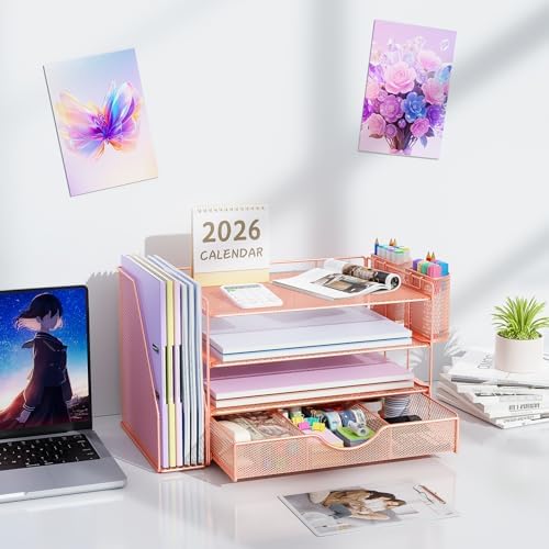gianotter Desk Organizers and Accessories with File Holder, 4-Tier Desk Accessories & Workspace Organizers with Drawer and 2 Pen Holder, Paper Organizer for Office Supplies (Rose Gold) - Image 7