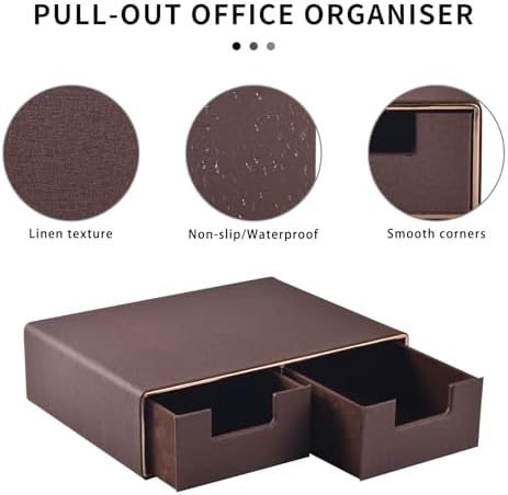 Linen Leather Desk Organizer and monitor stand with Drawers－Mini Desktop Drawer Organizer Stackable－Tabletop Organization Storage Box for Office Supplies Home Vanity Toiletries (Brown, 2-drawers) - Image 5