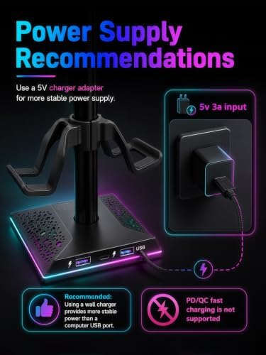 VCOM RGB Gaming Headphones Stand with 2 USB and 1 Type-C Ports, Headset Stand with 10 Light Modes and Non-Slip Rubber,Suitable for All Earphone Accessories, Best Gift for Desk Gamers - Image 4
