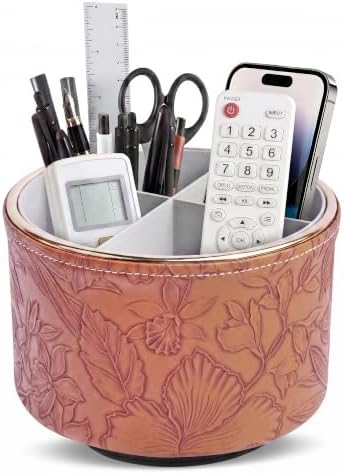Round Leather Art Supply Organizer,Remote Control Holder,360 Degree Spinning,Multi-Functional Pencil Holder,4 Compartments Desktop Stationary Organizer(1-Golden Brown) by Hennaja