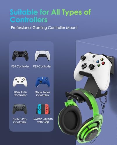 6amLifestyle [Latest Version] Controller and Headphone Holder Stand with Cord Holders for PS5 PS4 Xbox One Switch Pro Gamepad Controller Wall Mount Strong Adhesive/Screws, Shark 11 Pro - Image 3