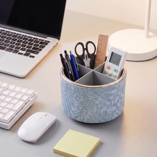 Round Leather Art Supply Organizer,Remote Control Holder,360 Degree Spinning,Multi-Functional Pencil Holder,4 Compartments Desktop Stationary Organizer(1-Golden Blue2) - Image 6