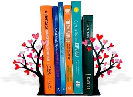 Tree Bookends with Heart-Shaped Leaves - Steel with Epoxy Coating and Wood Base - Decorative Pair of Book Holders for Shelves and Desk - Black with Red and Pink Accents – Geguton by GEGUTON