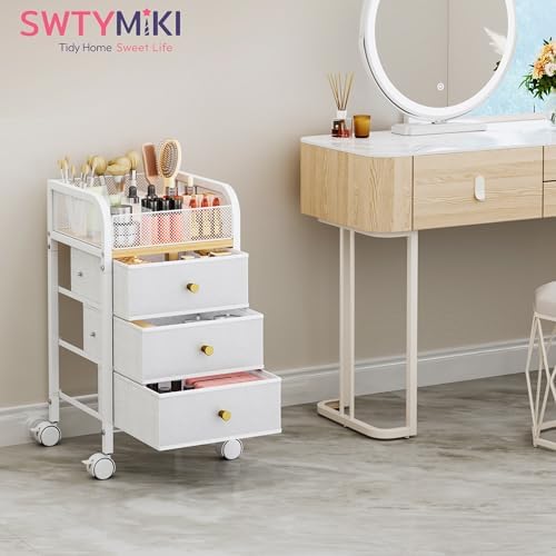 Rolling Makeup Organizer Cart - Under Desk Vanity Makeup Storage with 3 Non-woven Drawers, Nail Cart Organizer Cosmetic Display Cases Cabinet for Skin Care Perfume Nail Polish Brush Hair Tool - Image 4