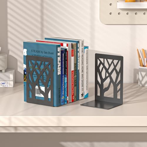 VFINE Book Ends 8 Pieces, Black Metal Decorative Tree Bookends for Shelves - Image 3