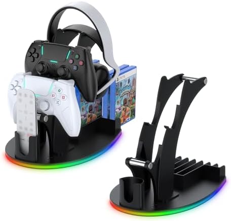 RGB Gaming Controller Holder for Steam Controller 2/ Ps5 / Xbox/Switch, Headphone Stand with 5 RGB Lights Modes, Gaming Organizers and Storage with USB Charging and Type-C (Black) by JJDWIN