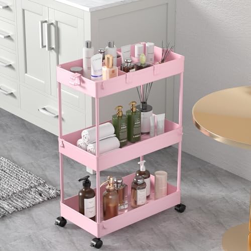 3 Tier Rolling Cart with Wheels, Storage Craft Art Trolley Organizer Serving, 3 Hanging Baskets Easy Assembly, for Office, Living Room, Kitchen, Pink by Home