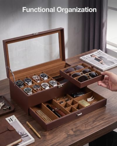 ProCase Mens Jewelry Box, Lockable 8 Slot Watch Case & 3 Slot Sunglasses Organizer, 2-layer Mens Jewelry Organizer Watch Box for Men, Watches Holder Display Storage, Fathers Day Gift -Brown - Image 6
