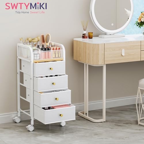 Rolling Makeup Organizer Cart - Under Desk Vanity Makeup Storage with 4 Non-woven Drawers, Nail Cart Organizer Cosmetic Display Cases Cabinet for Skin Care Perfume Nail Polish Brush Hair Tool - Image 5